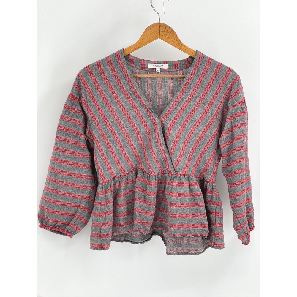 Madewell Wrap Top Peplum Small Women Gray Red Striped V Neck 3/4 Sleeve